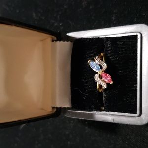 Gold Tone Overlay Ring w/Oval Blue Topaz & Oval Pink Sapphire w/ CZ Chips